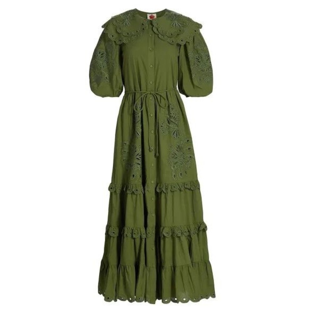 FARM RIO Humming Bird Richelieu Tiered Maxi Dress Size M NWT Green Forest Fairy - Picture 4 of 14